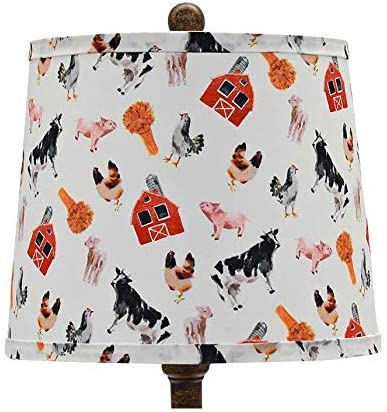 Brown traditional table lamp with a farm animal printed shade, showcasing a charming design and sturdy base.