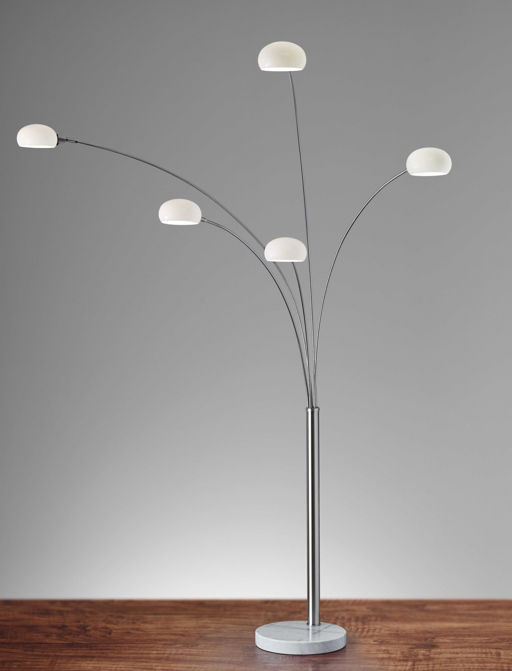 Brushed Steel Adjustable Arc Floor Lamp with five milk glass shades and a white marble base, showcasing modern design and adjustable features.