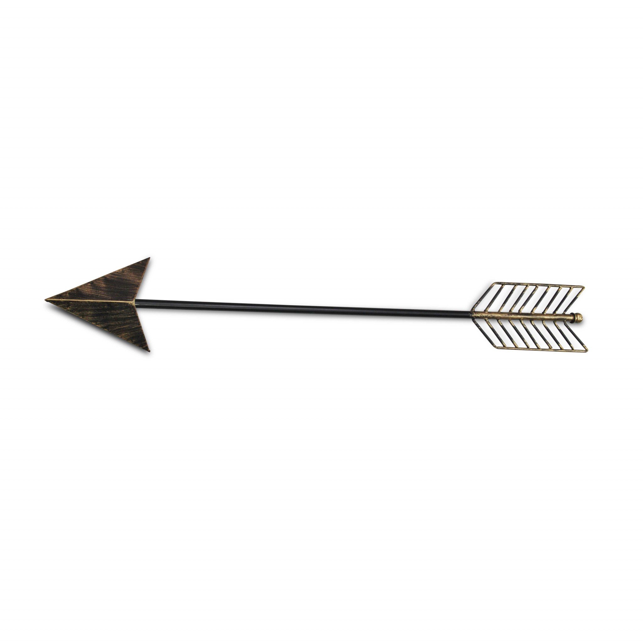 Burnished dark brown and gold tone metal arrow wall decor, showcasing a modern design with a sleek finish, perfect for enhancing interior spaces.