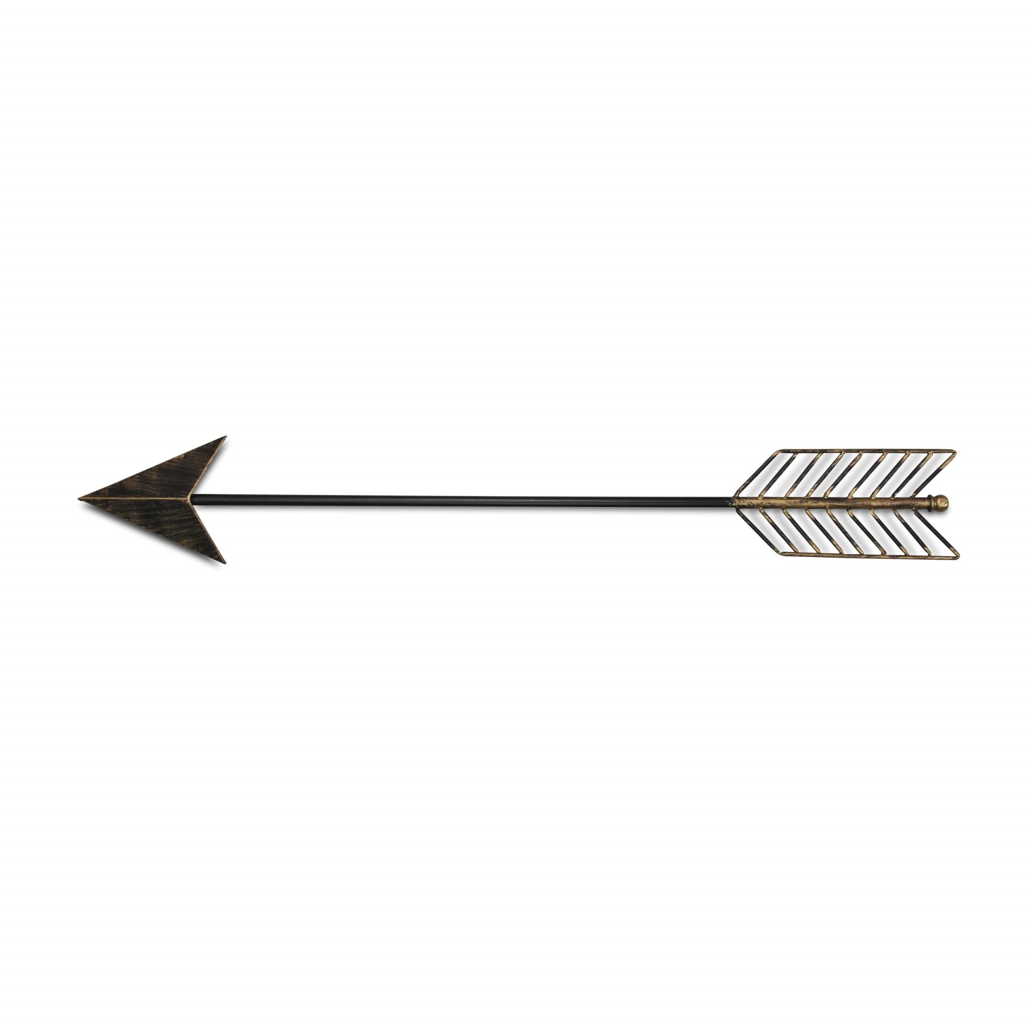 Burnished dark brown and gold tone metal arrow wall decor, showcasing a modern design with a sleek finish, perfect for enhancing interior spaces.