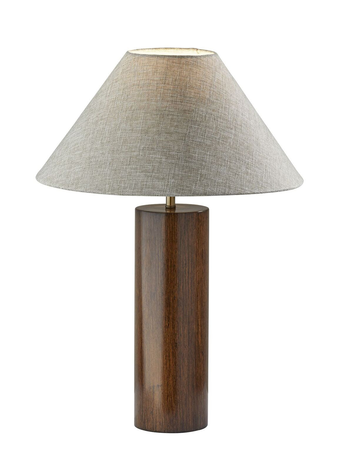 Canopy Natural Wood Block Table Lamp featuring a circular oak wood base and white textured fabric shade with antique brass accents.