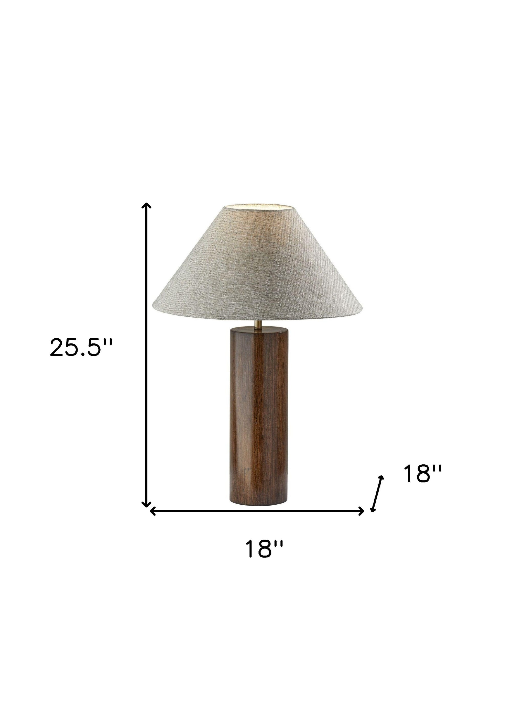 Canopy Natural Wood Block Table Lamp featuring a circular oak wood base and white textured fabric shade with antique brass accents.