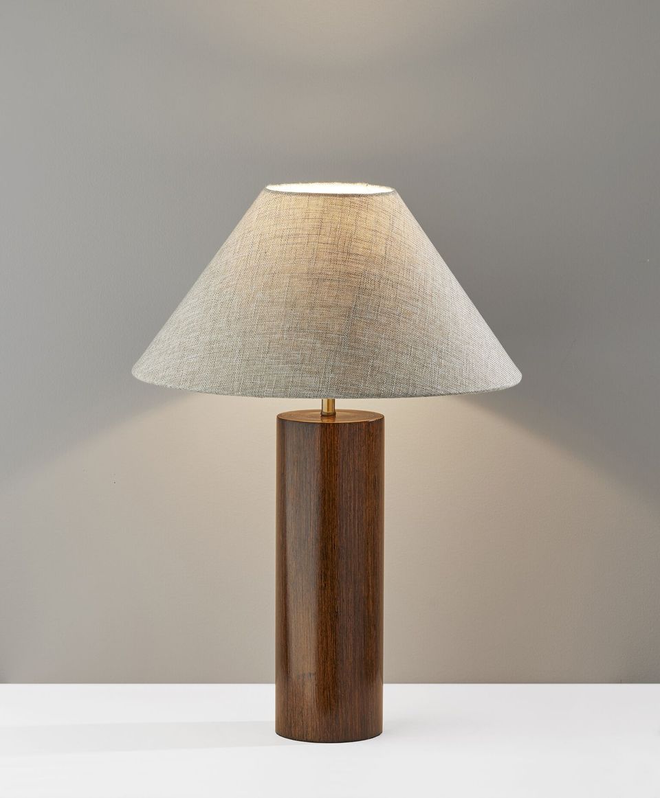 Canopy Natural Wood Block Table Lamp featuring a circular oak wood base and white textured fabric shade with antique brass accents.