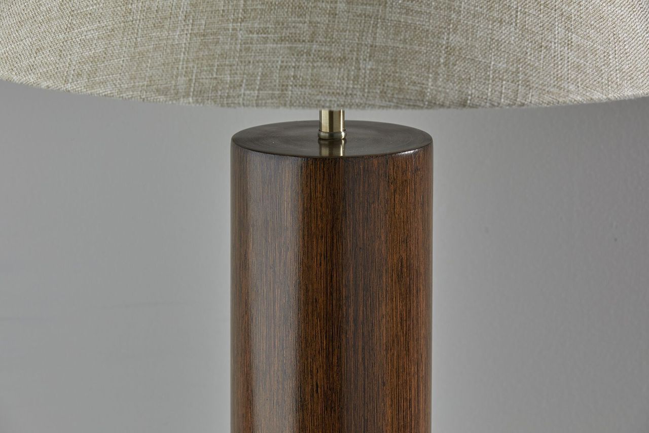 Canopy Natural Wood Block Table Lamp featuring a circular oak wood base and white textured fabric shade with antique brass accents.