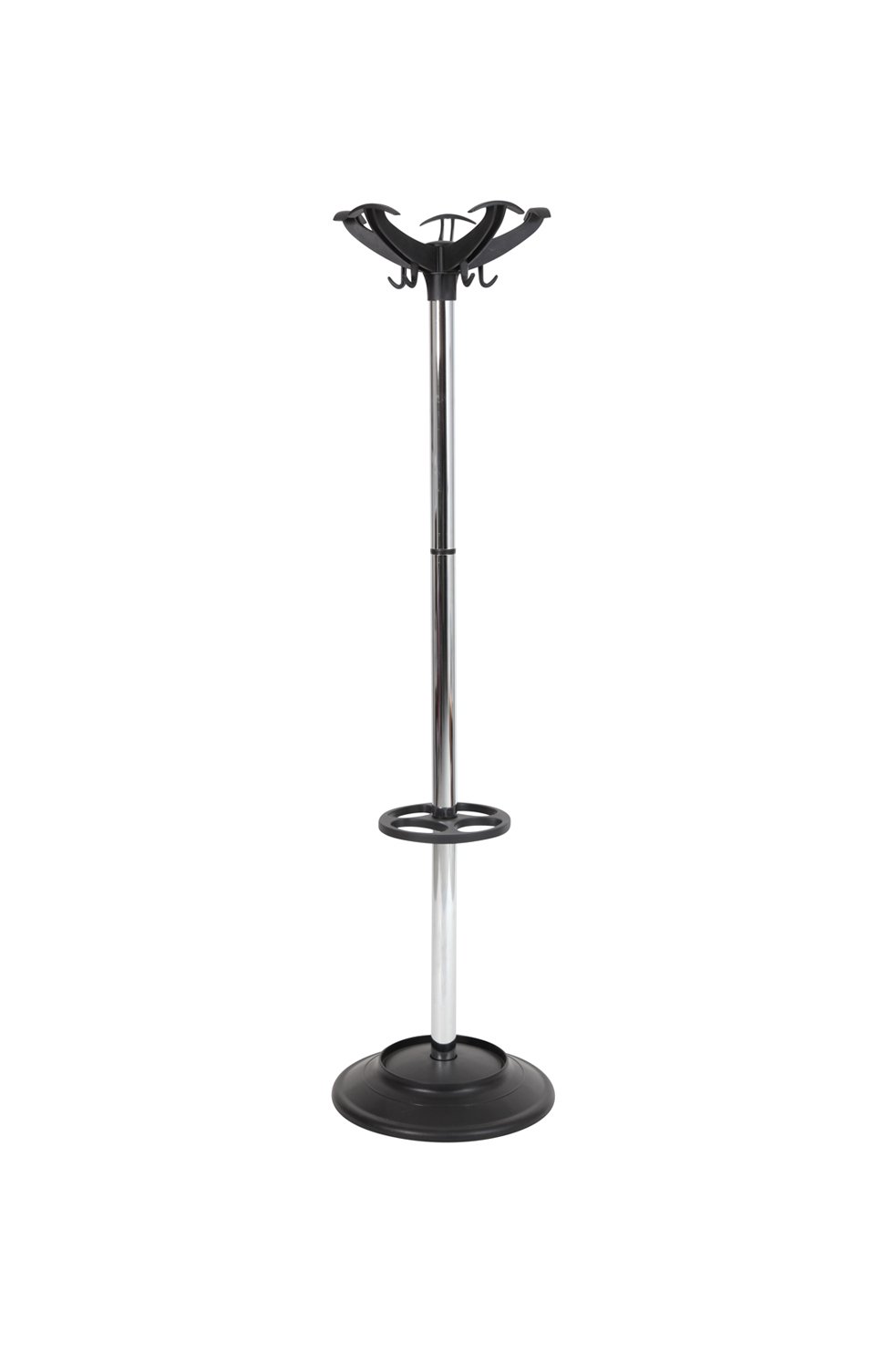 Chrome Coathanger Eli with five hooks and umbrella holder, modern design, black plastic foot.