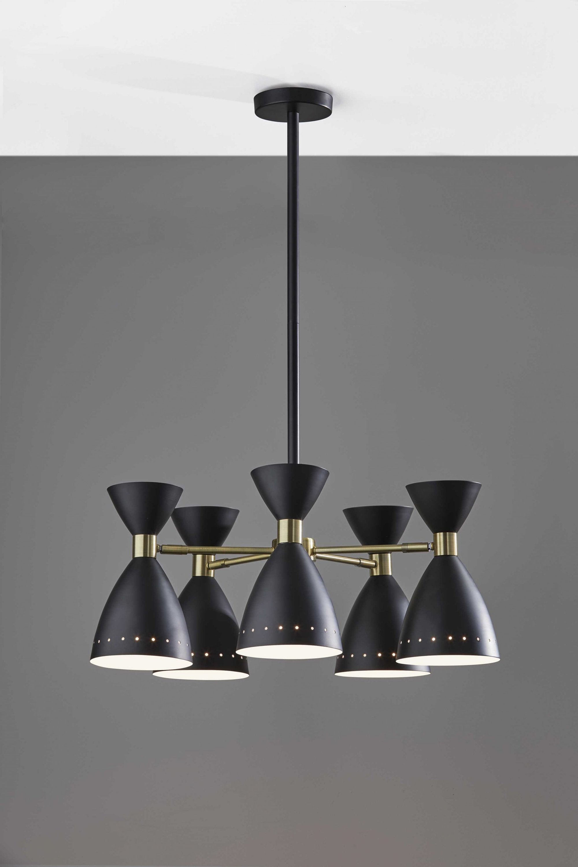 Cinco Diabolo Adjustable Black Metal Pendant with five oversized shades in black and antique brass finishes, showcasing mid-century modern design.