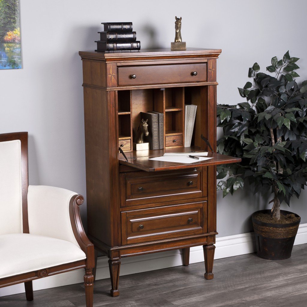 Classic Olive Ash Burl Secretary desk featuring cherry veneer finish, antique brass knobs, and decorative inlay designs.