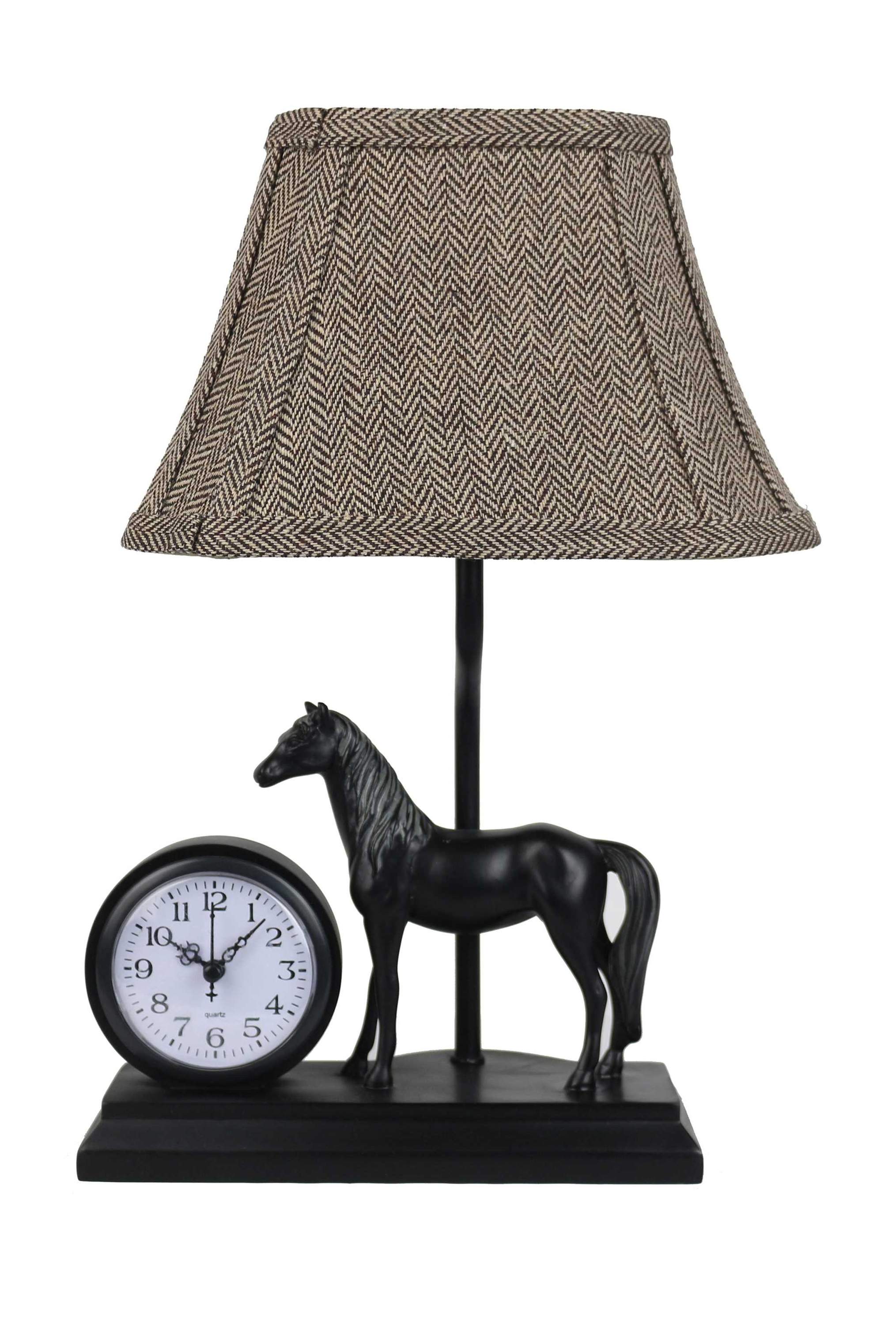 A stylish Clock and Horse Accent Lamp featuring a herringbone shade, perfect for illuminating any room with elegance.