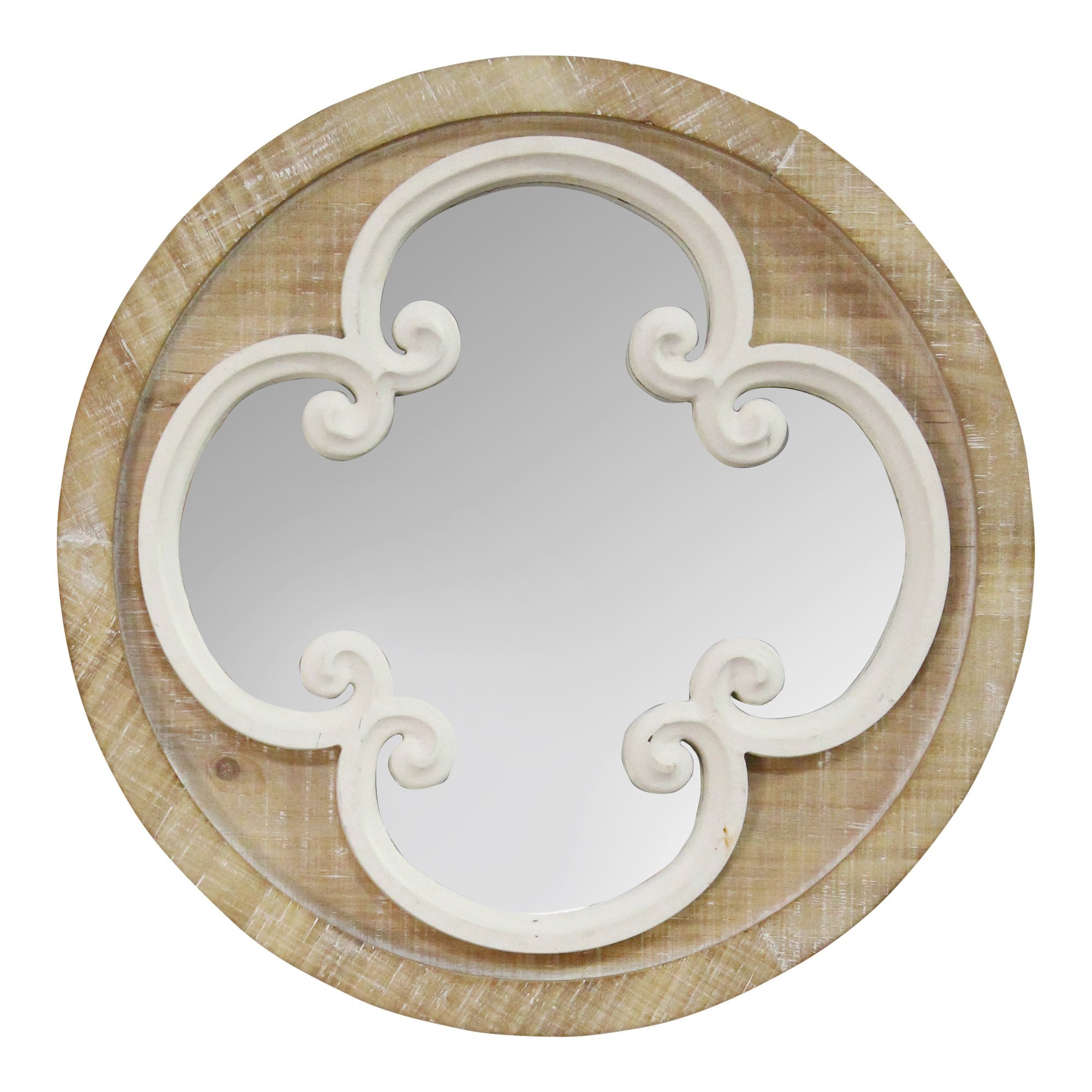 Coastal Whitewash Scrollwork Wall Mirror with intricate frame design and two-tone finish, perfect for enhancing home decor.