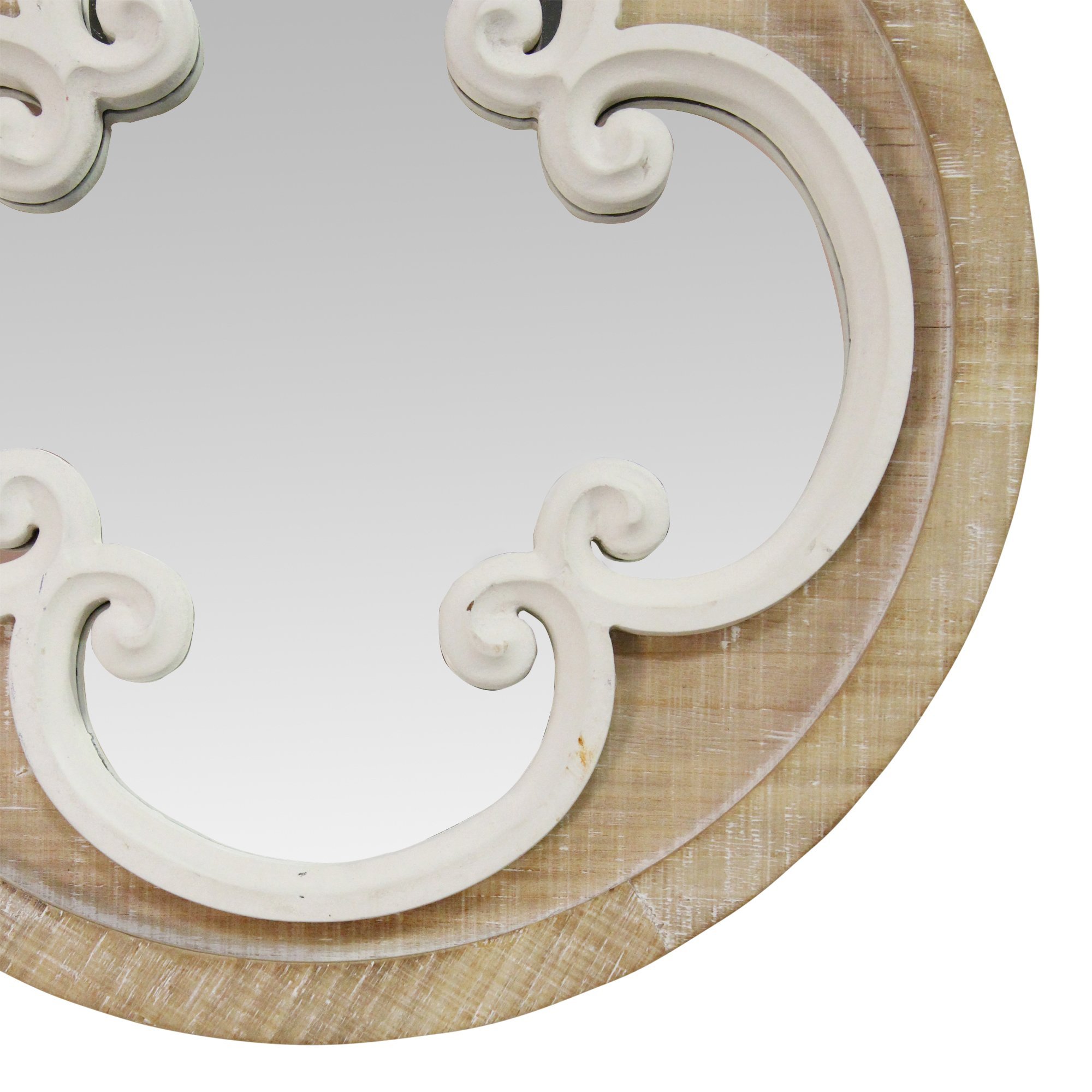 Coastal Whitewash Scrollwork Wall Mirror with intricate frame design and two-tone finish, perfect for enhancing home decor.