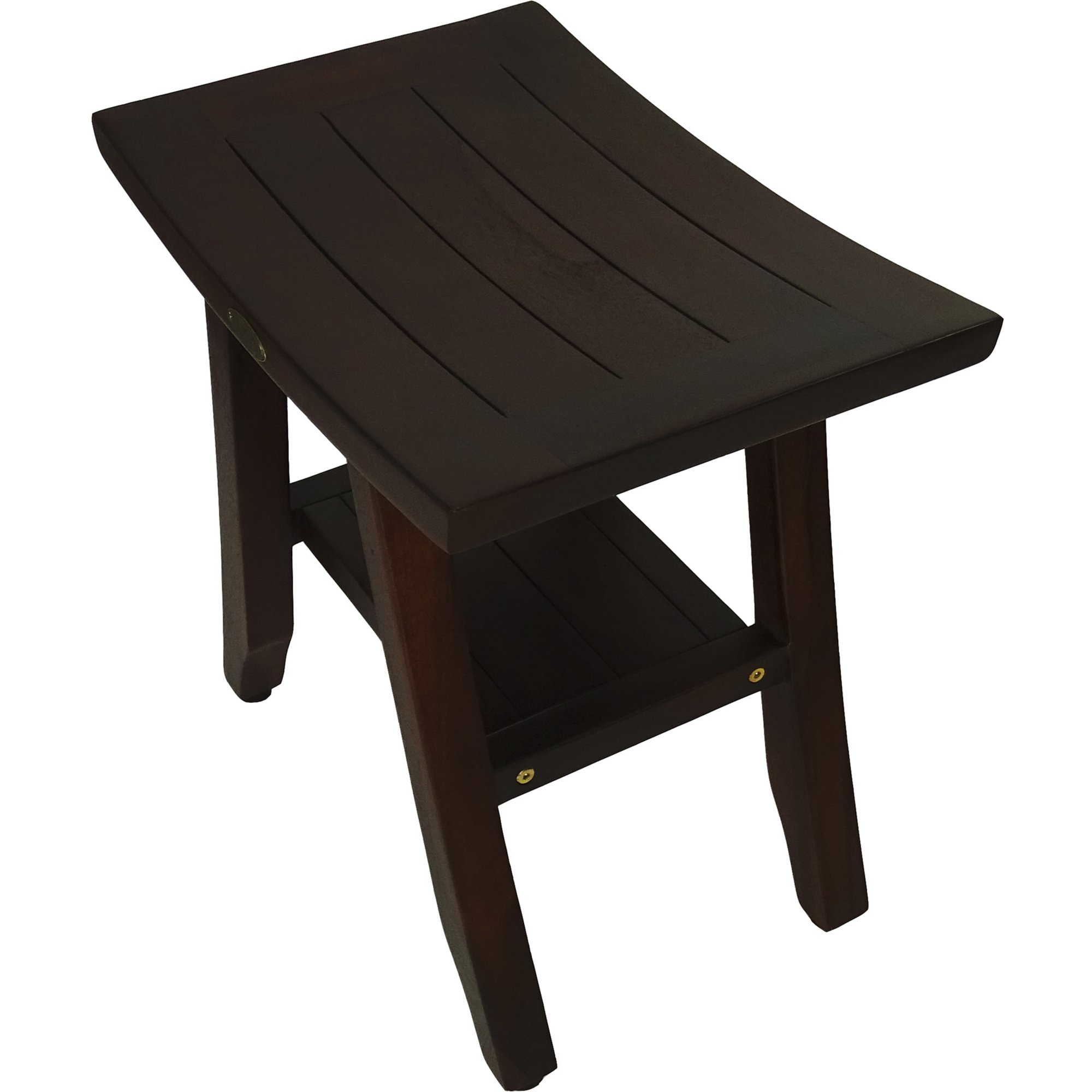 Compact Curvilinear Teak Shower Bench with Shelf in rich brown finish, designed for small spaces and versatile use indoors or outdoors.