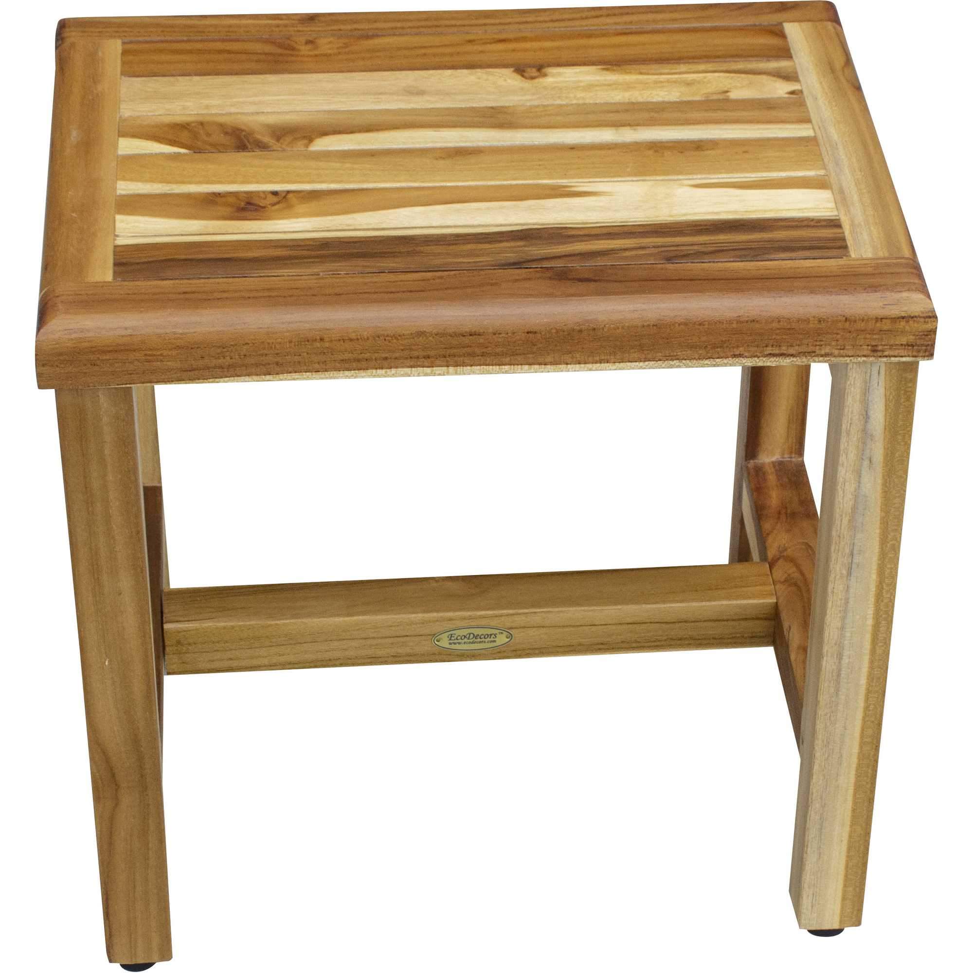 Compact rectangular teak shower bench with utility shelf, showcasing natural finish and foot leveling pads.