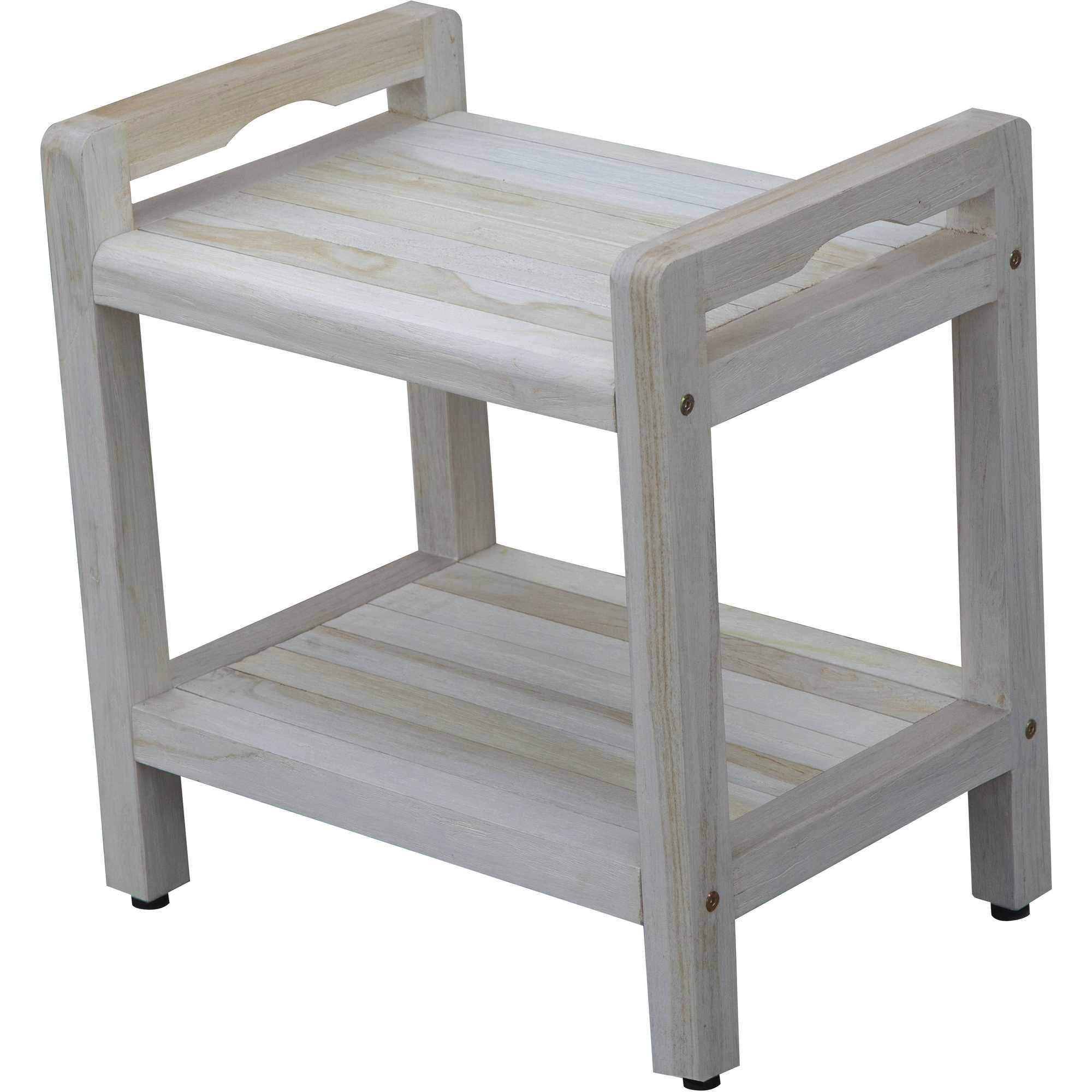 Compact rectangular teak shower bench with LiftAide arms, featuring a rustic design and utility shelf for toiletries.