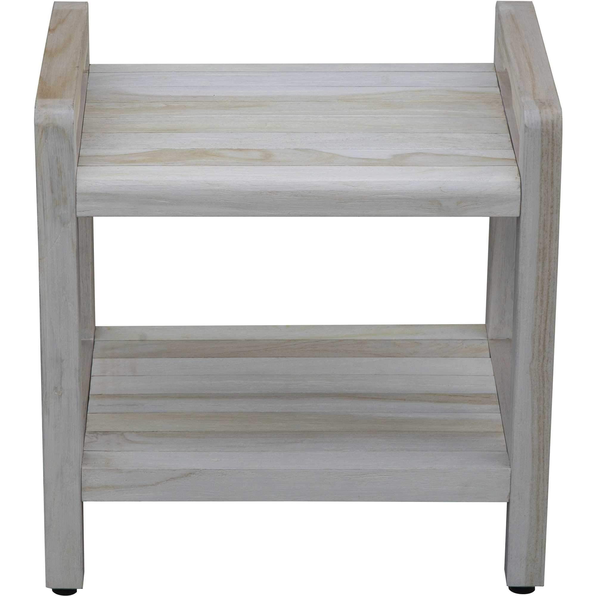 Compact rectangular teak shower bench with LiftAide arms, featuring a rustic design and utility shelf for toiletries.