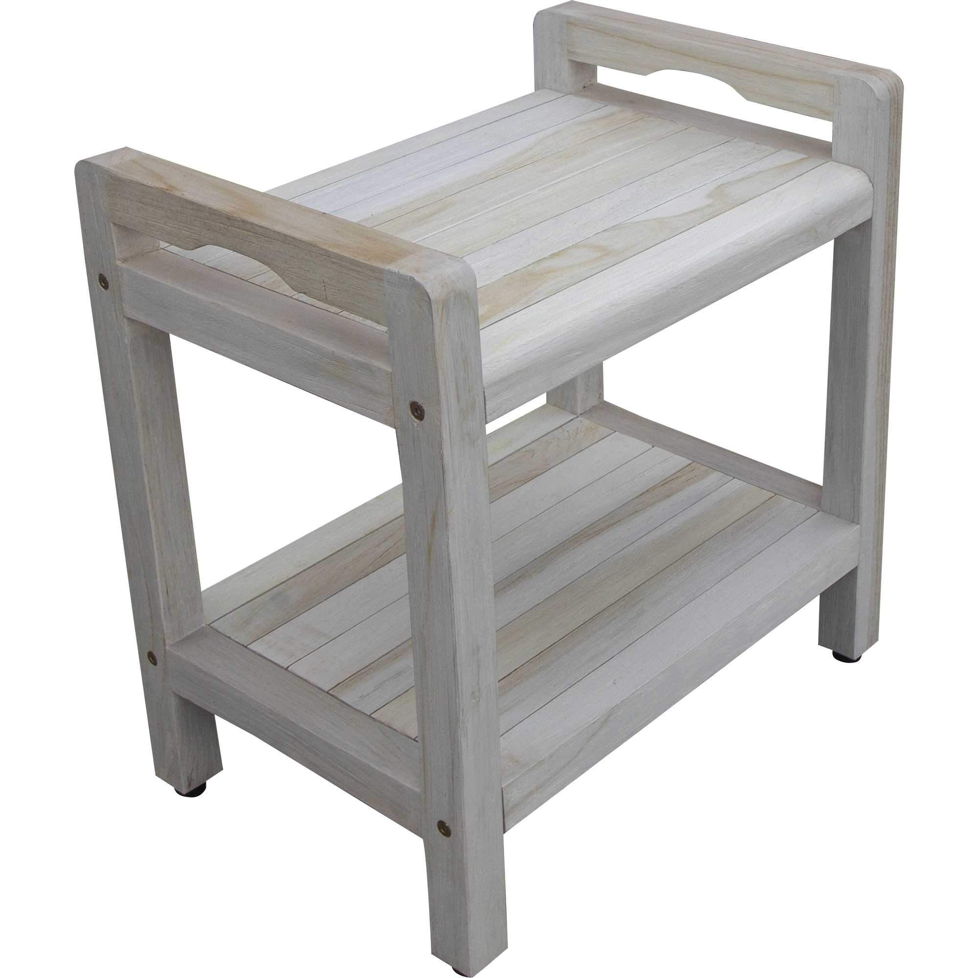 Compact rectangular teak shower bench with LiftAide arms, featuring a rustic design and utility shelf for toiletries.