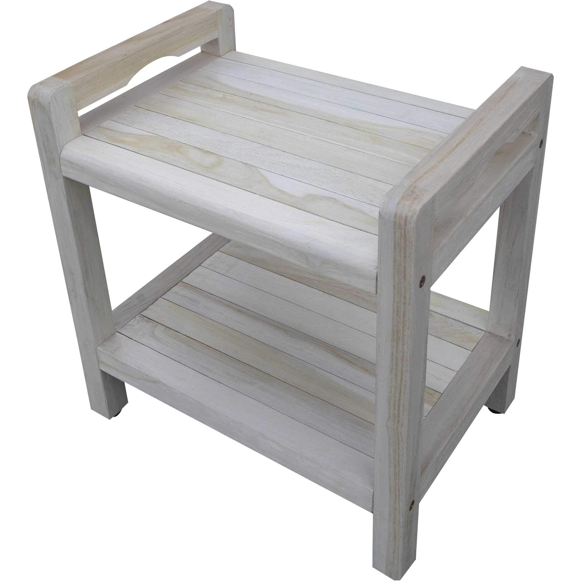 Compact rectangular teak shower bench with LiftAide arms, featuring a rustic design and utility shelf for toiletries.