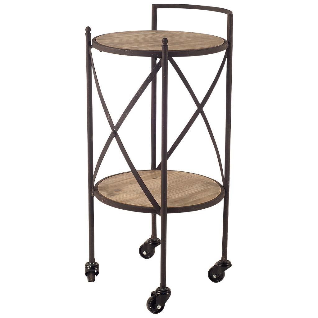 Compact rustic brown round rolling bar cart with distressed metal frame and light brown wood shelves, perfect for modern farmhouse decor.