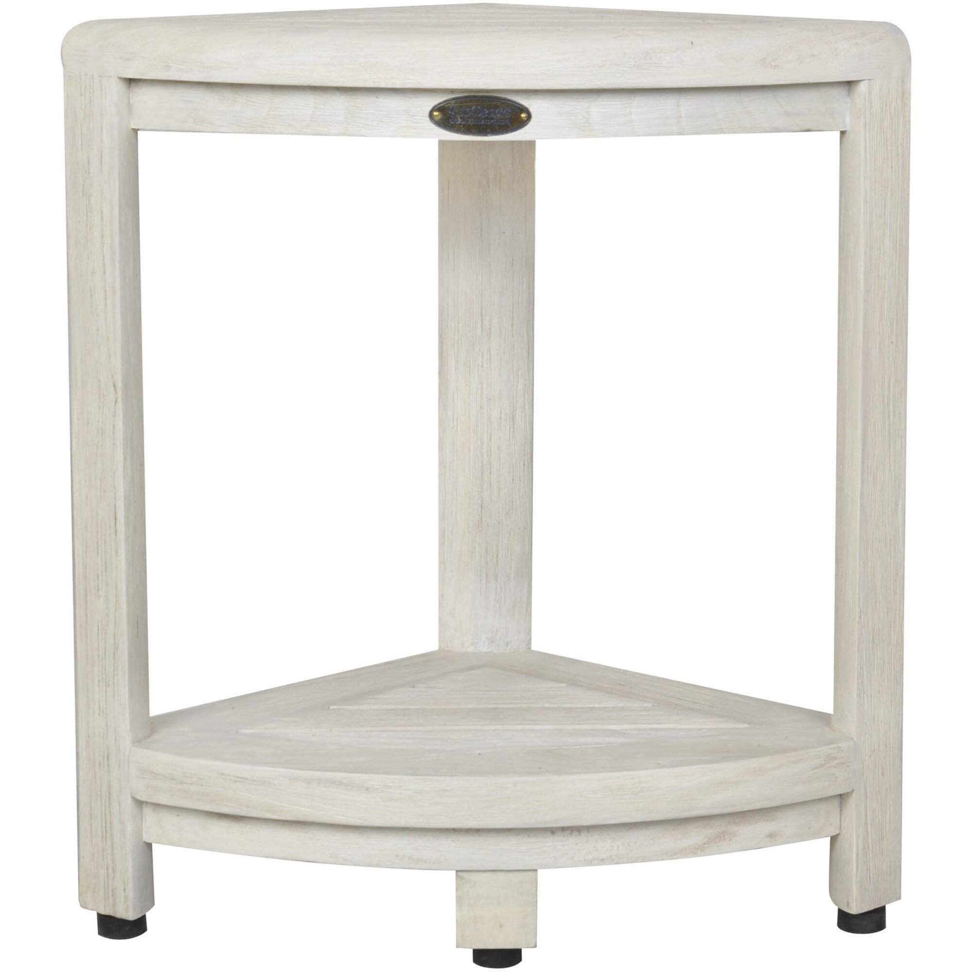 Compact teak corner shower stool in whitewash driftwood finish with shelf, designed for bathroom use.