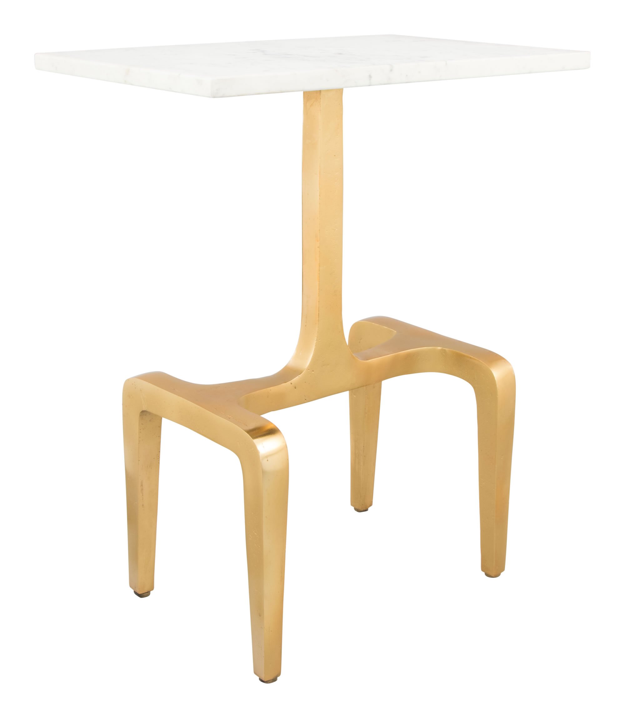 Contemporary side table featuring thick golden legs and a sleek marble top, showcasing a modern design perfect for any living space.