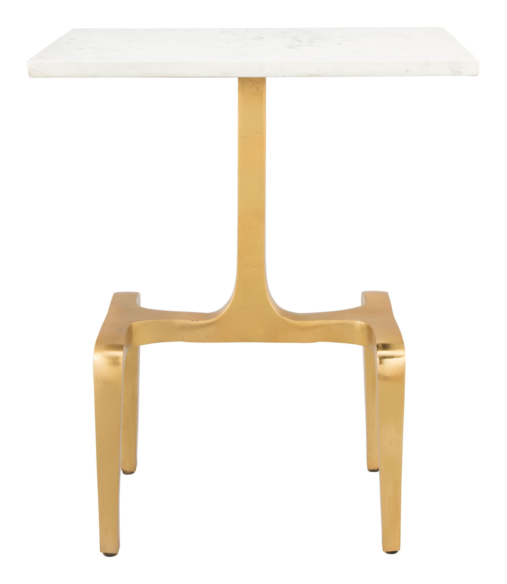 Contemporary side table featuring thick golden legs and a sleek marble top, showcasing a modern design perfect for any living space.