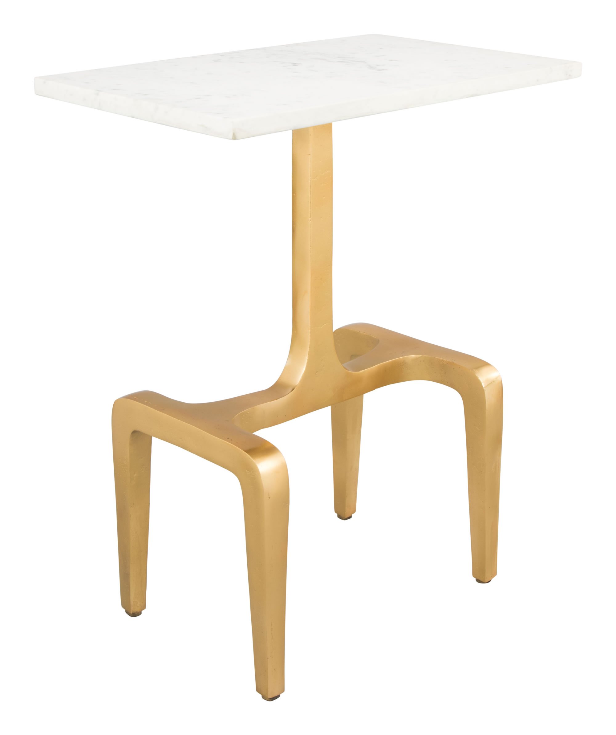 Contemporary side table featuring thick golden legs and a sleek marble top, showcasing a modern design perfect for any living space.