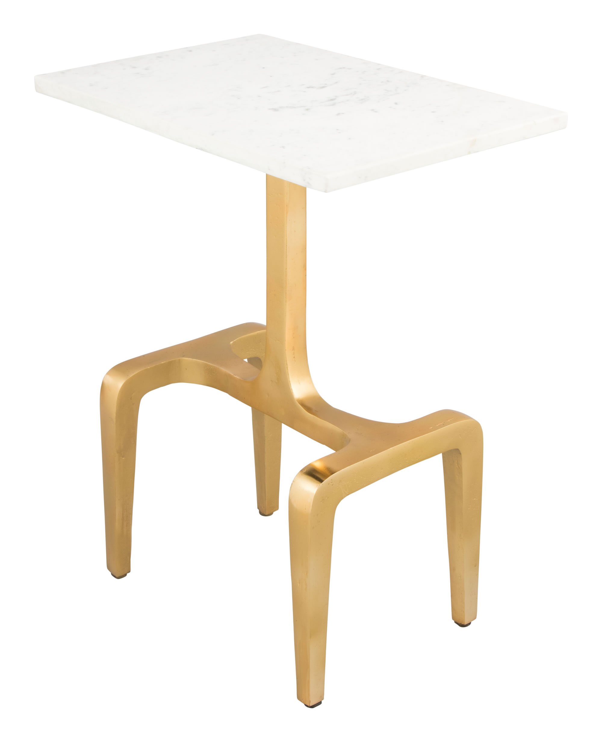 Contemporary side table featuring thick golden legs and a sleek marble top, showcasing a modern design perfect for any living space.