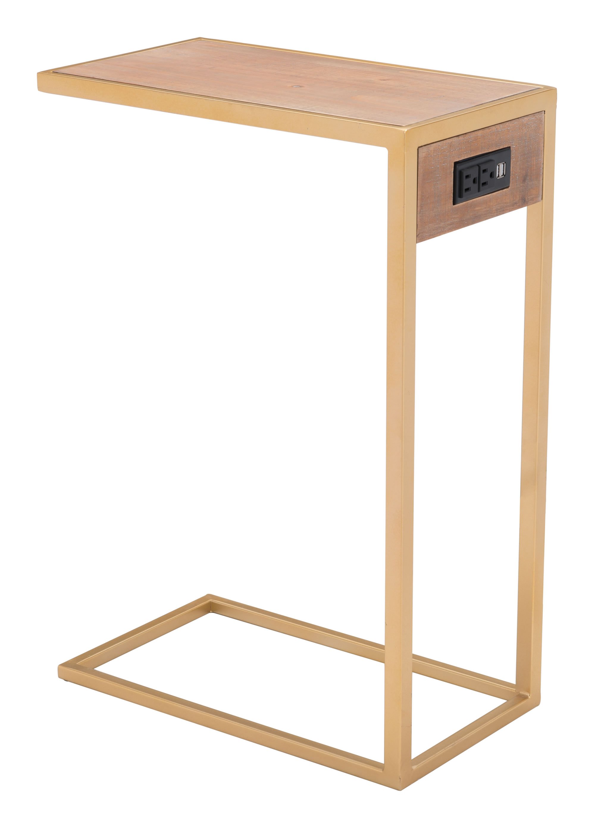 Contemporary gold finish TV side table with built-in power outlet, showcasing elegant wood design and modern style.