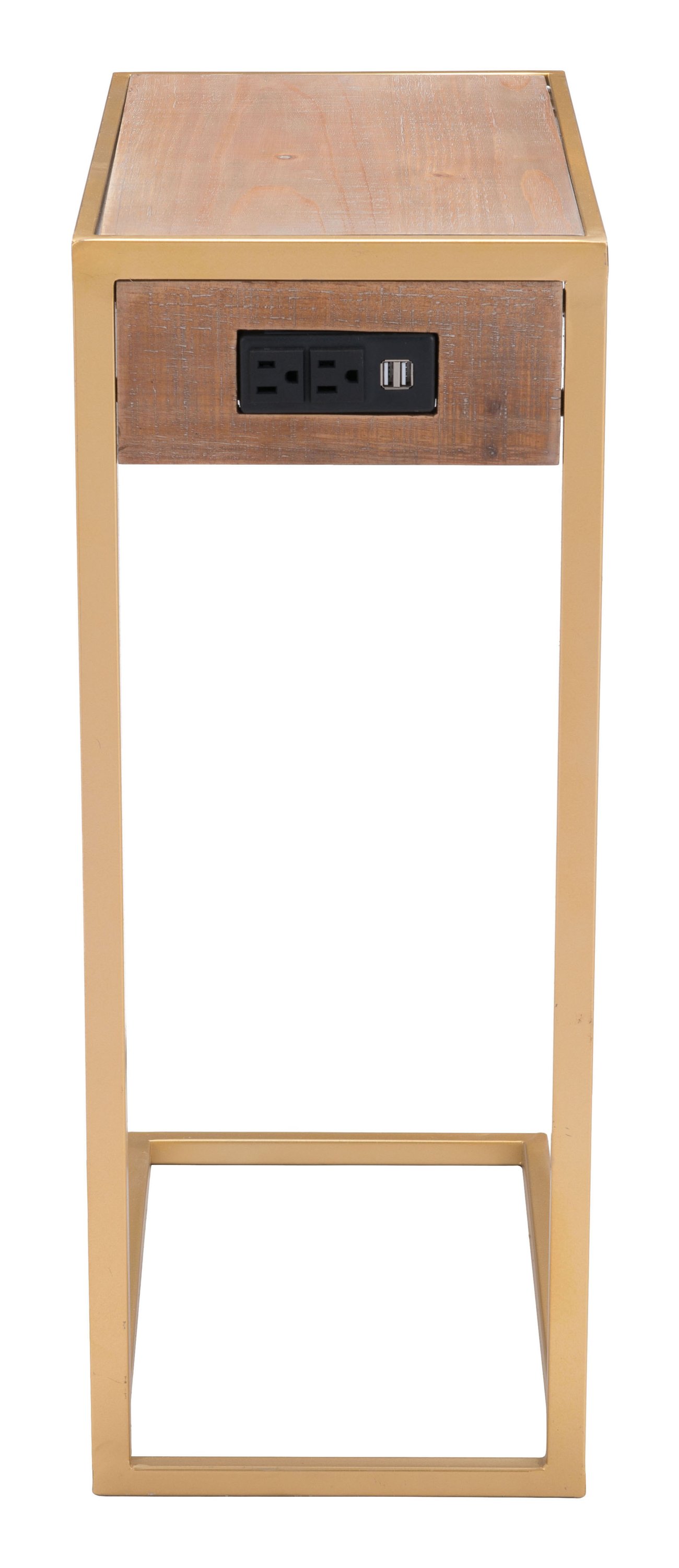 Contemporary gold finish TV side table with built-in power outlet, showcasing elegant wood design and modern style.