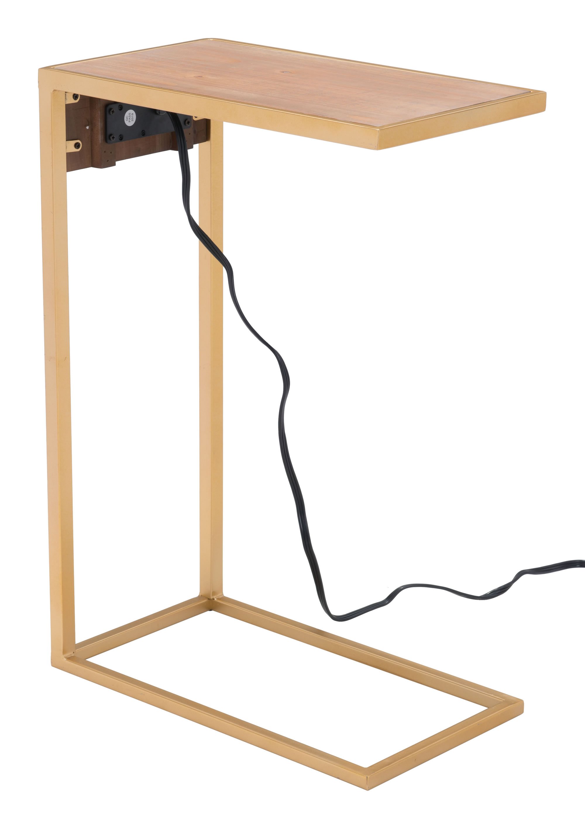 Contemporary gold finish TV side table with built-in power outlet, showcasing elegant wood design and modern style.