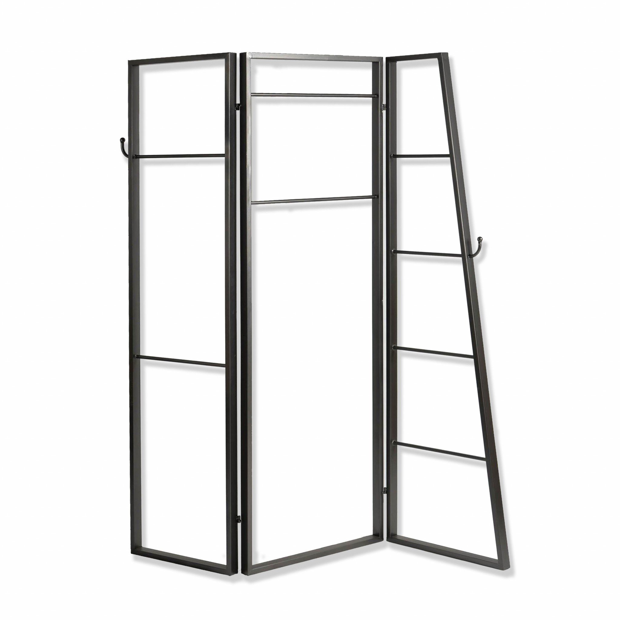 Contemporary Metal Coatrack Three Panel Room Divider Screen in gunmetal finish, featuring artistic metal cuts and functional hanging accessories.