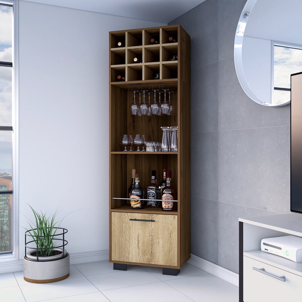 Cataluña Corner Bar Cabinet in mahogany finish with 8 wine cubbies and 2 side shelves, elegantly designed for corner placement.