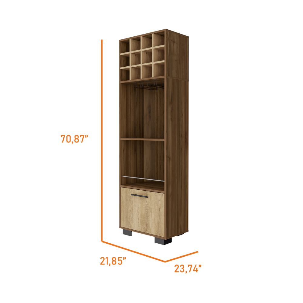 Cataluña Corner Bar Cabinet in mahogany finish with 8 wine cubbies and 2 side shelves, elegantly designed for corner placement.