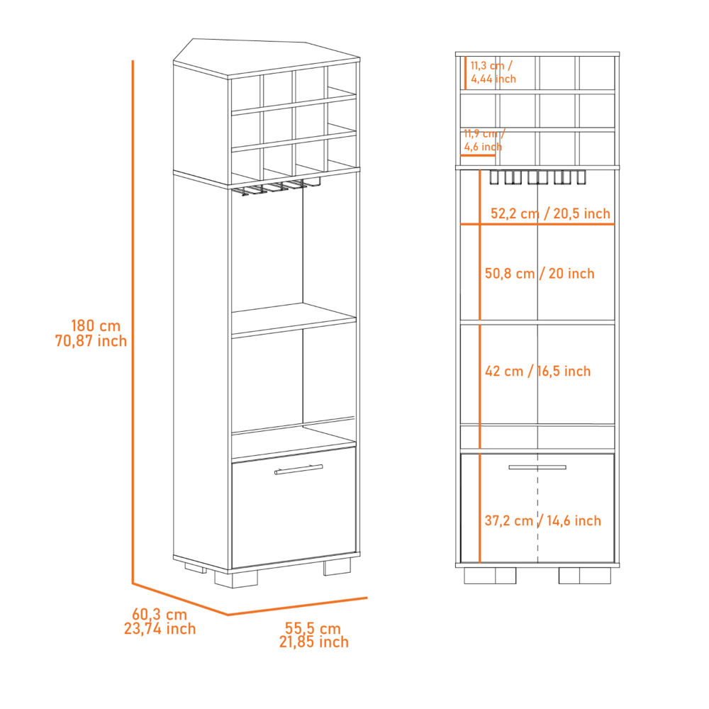 Cataluña Corner Bar Cabinet in mahogany finish with 8 wine cubbies and 2 side shelves, elegantly designed for corner placement.