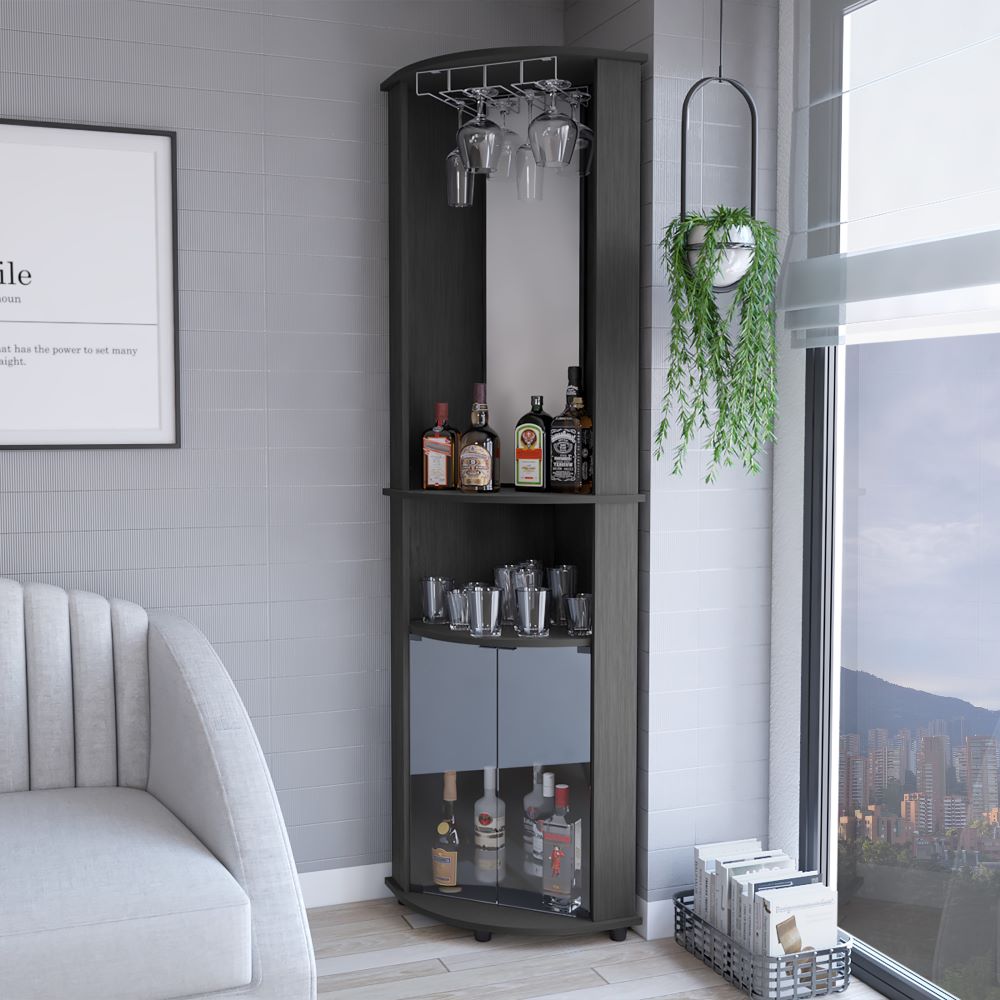 Rialto Corner Bar Cabinet with three shelves in black wengue finish, elegantly designed for home use.