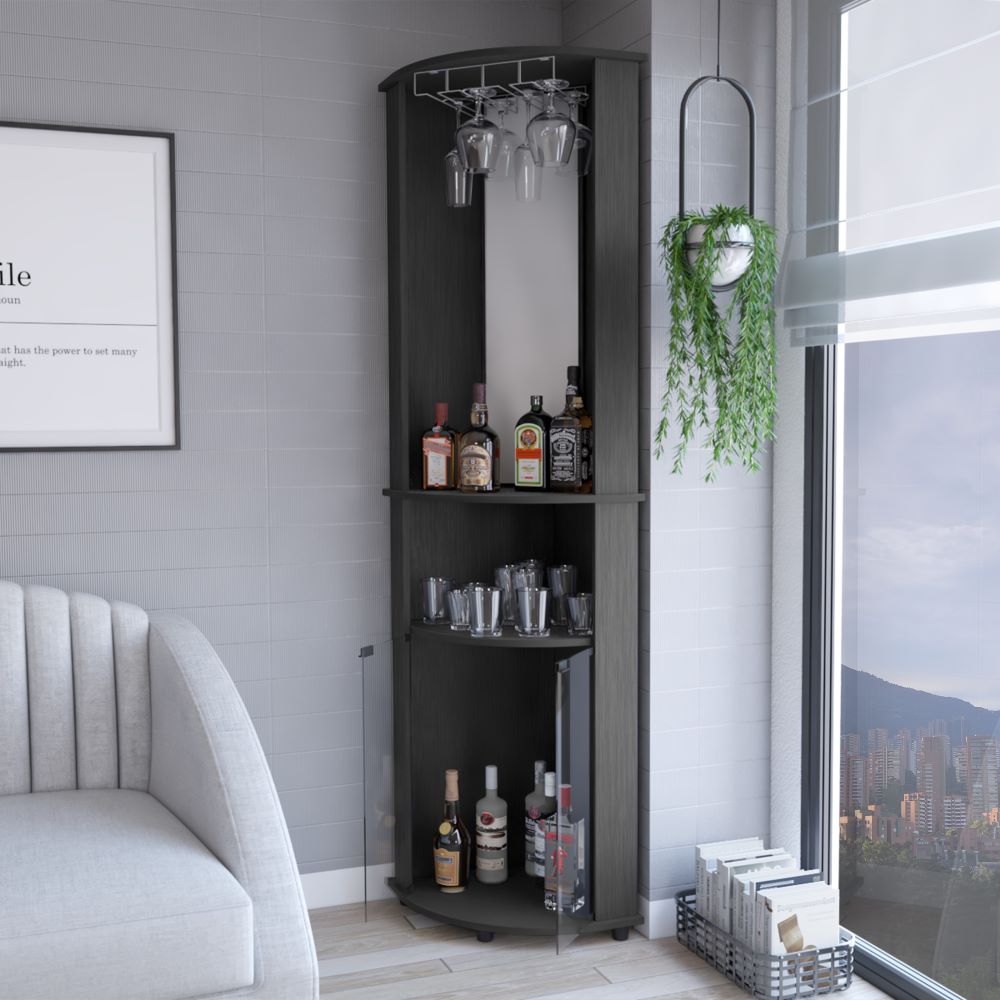 Rialto Corner Bar Cabinet with three shelves in black wengue finish, elegantly designed for home use.