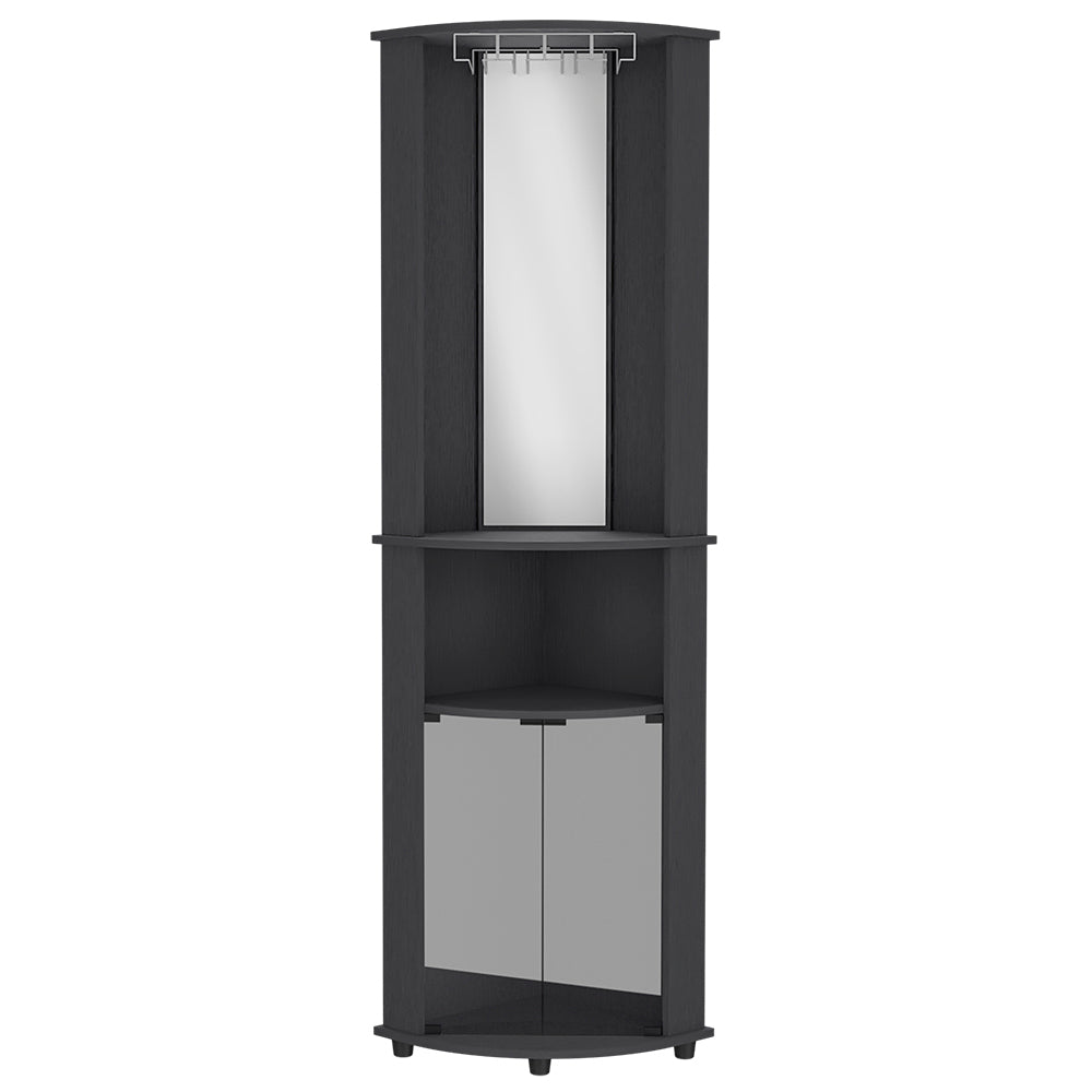 Rialto Corner Bar Cabinet with three shelves in black wengue finish, elegantly designed for home use.