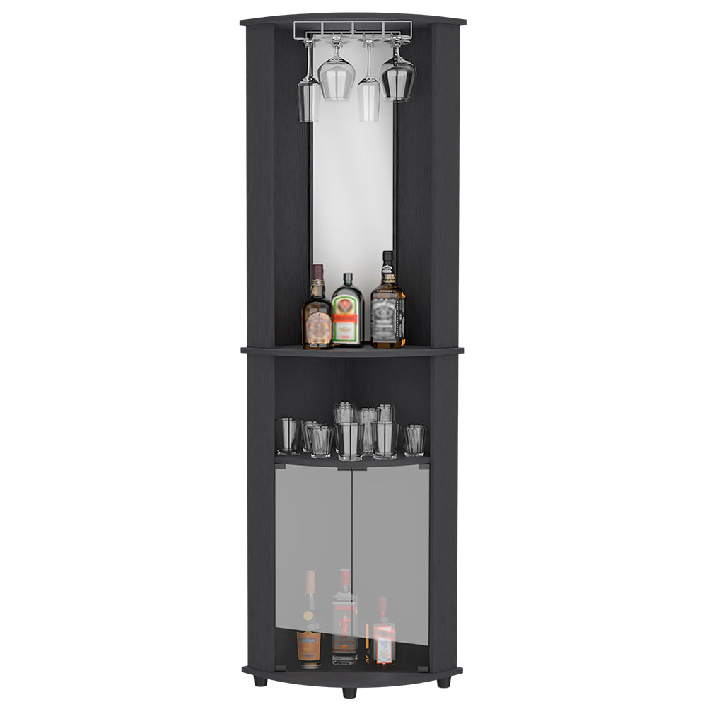 Rialto Corner Bar Cabinet with three shelves in black wengue finish, elegantly designed for home use.