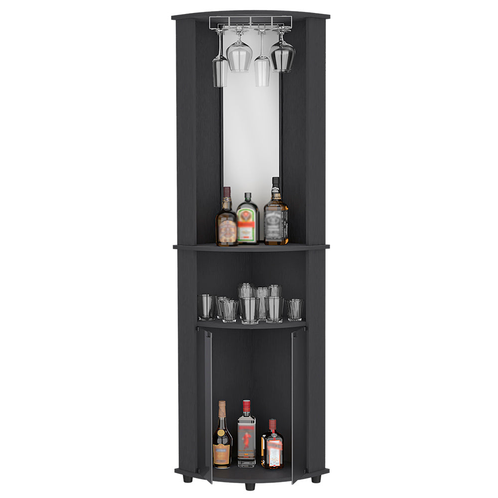 Rialto Corner Bar Cabinet with three shelves in black wengue finish, elegantly designed for home use.