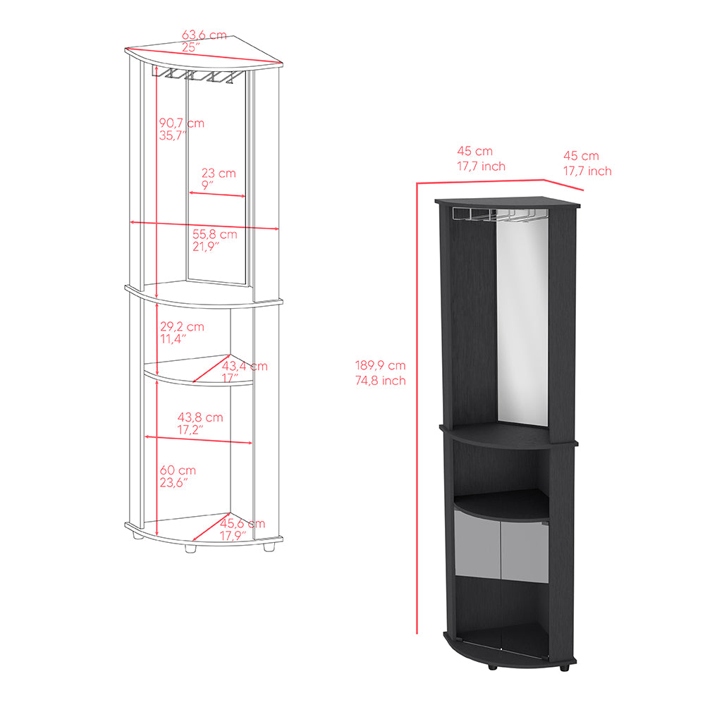 Rialto Corner Bar Cabinet with three shelves in black wengue finish, elegantly designed for home use.