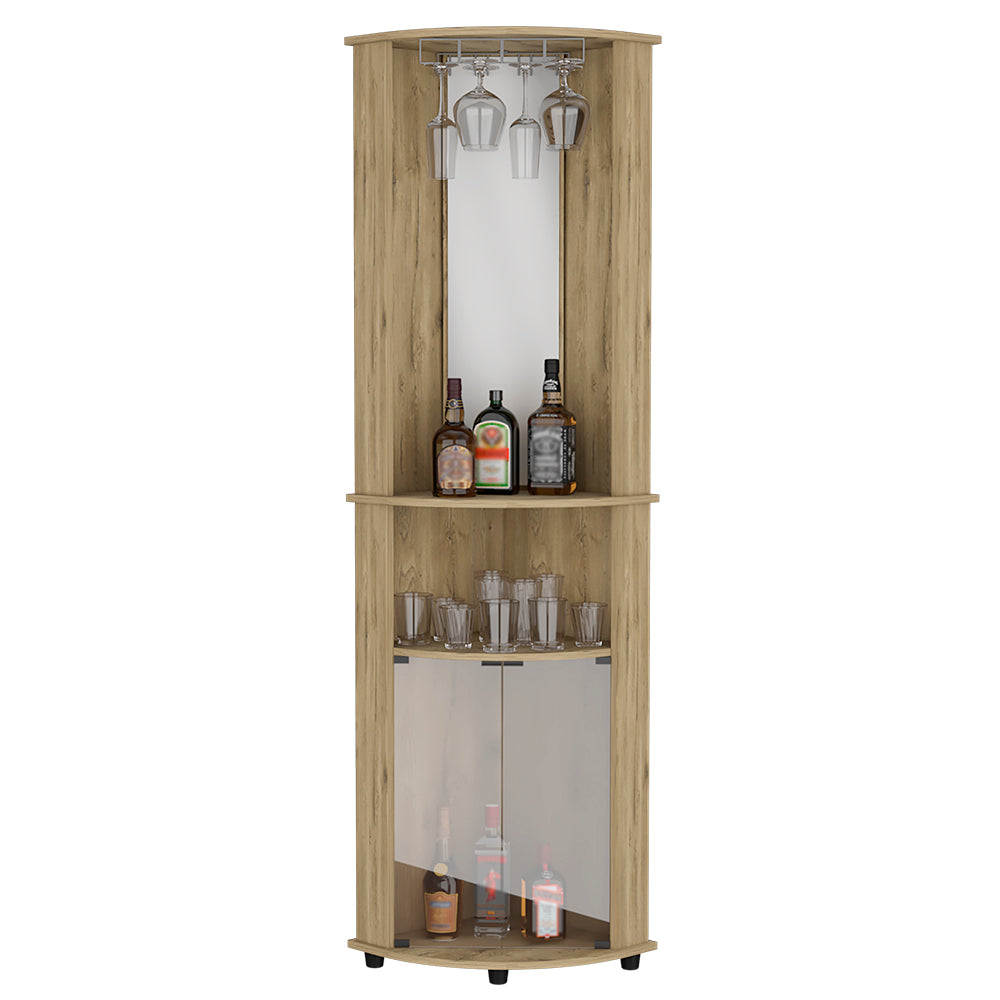 Rialto Corner Bar Cabinet with three shelves in macadamia finish, elegantly designed for home entertainment.