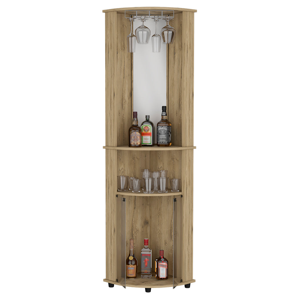 Rialto Corner Bar Cabinet with three shelves in macadamia finish, elegantly designed for home entertainment.