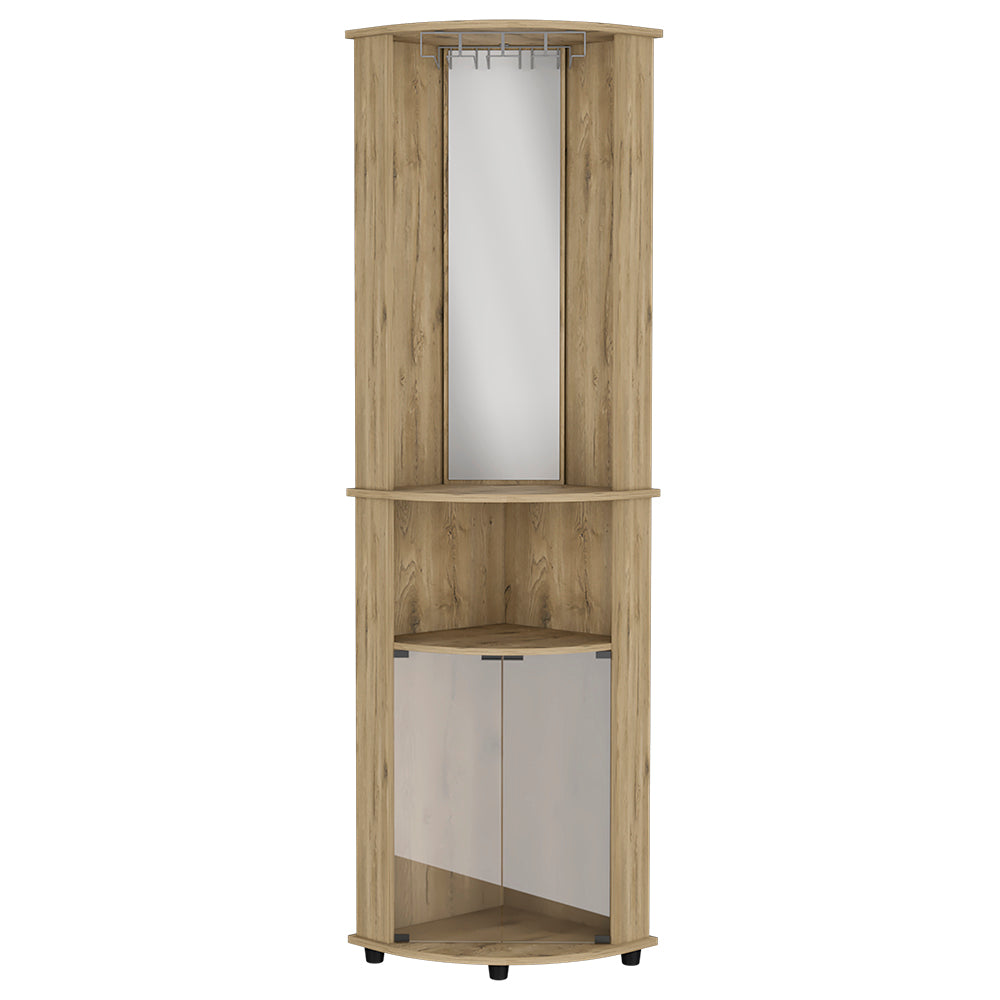 Rialto Corner Bar Cabinet with three shelves in macadamia finish, elegantly designed for home entertainment.