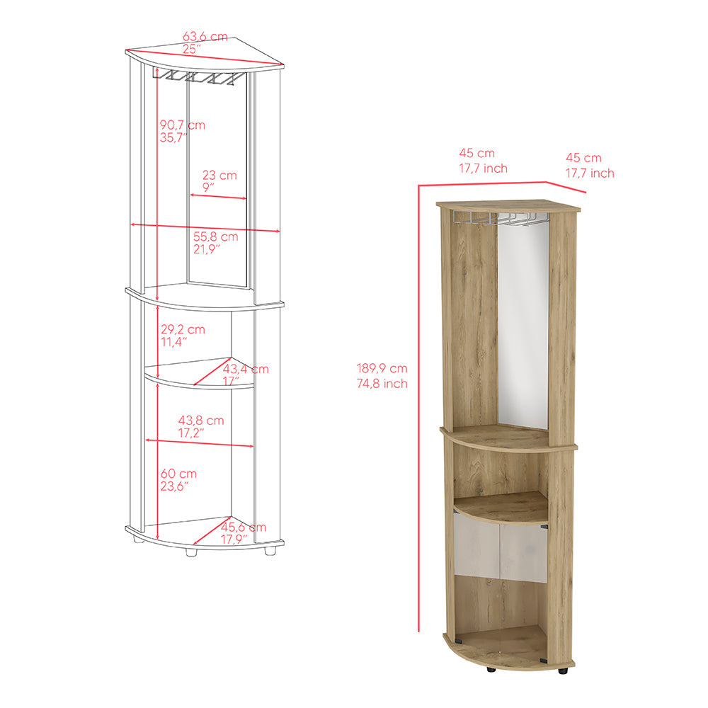 Rialto Corner Bar Cabinet with three shelves in macadamia finish, elegantly designed for home entertainment.