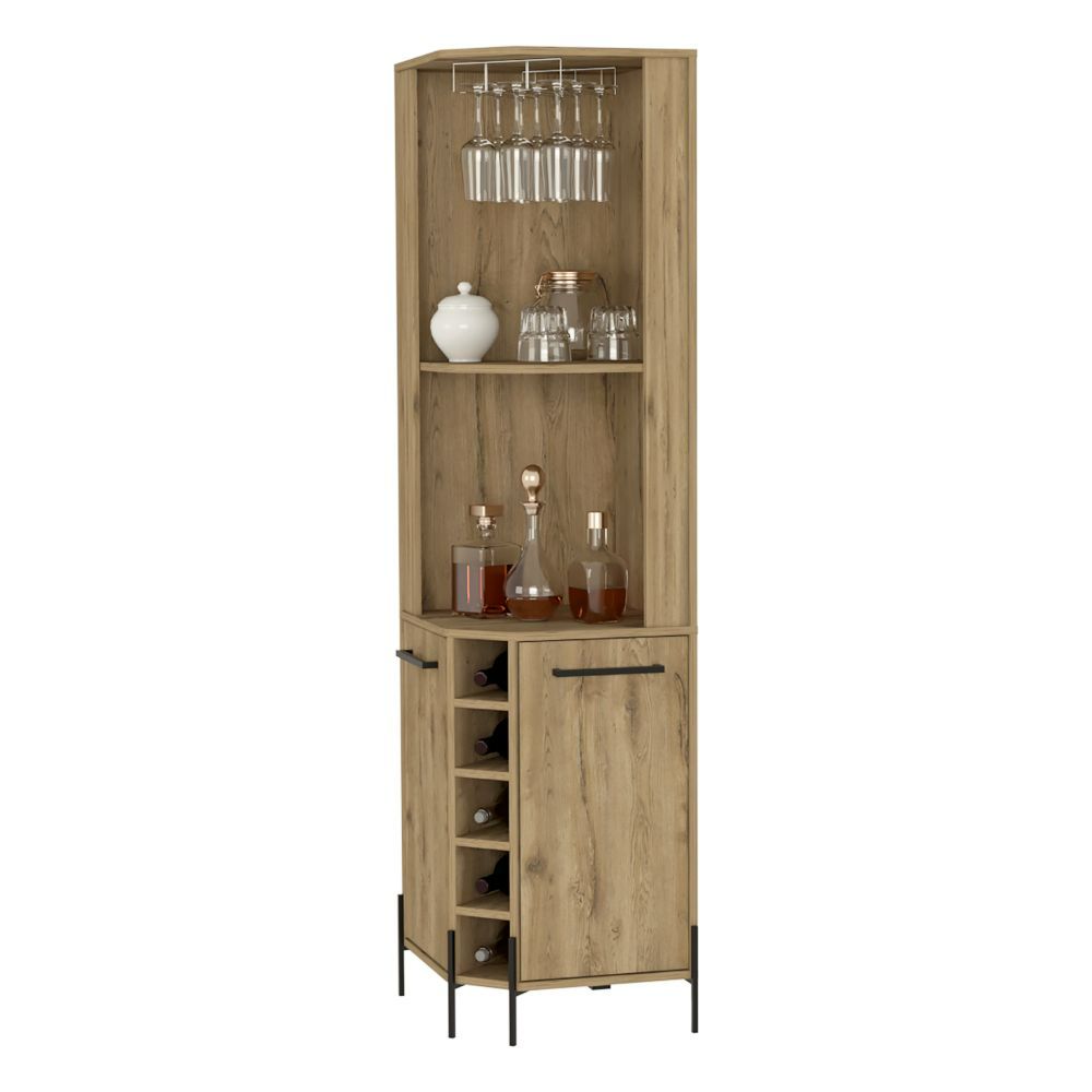 Shopron Corner Bar Cabinet in aged oak finish with two shelves and five wine cubbies, perfect for home bar storage.