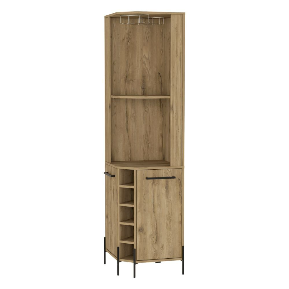 Shopron Corner Bar Cabinet in aged oak finish with two shelves and five wine cubbies, perfect for home bar storage.