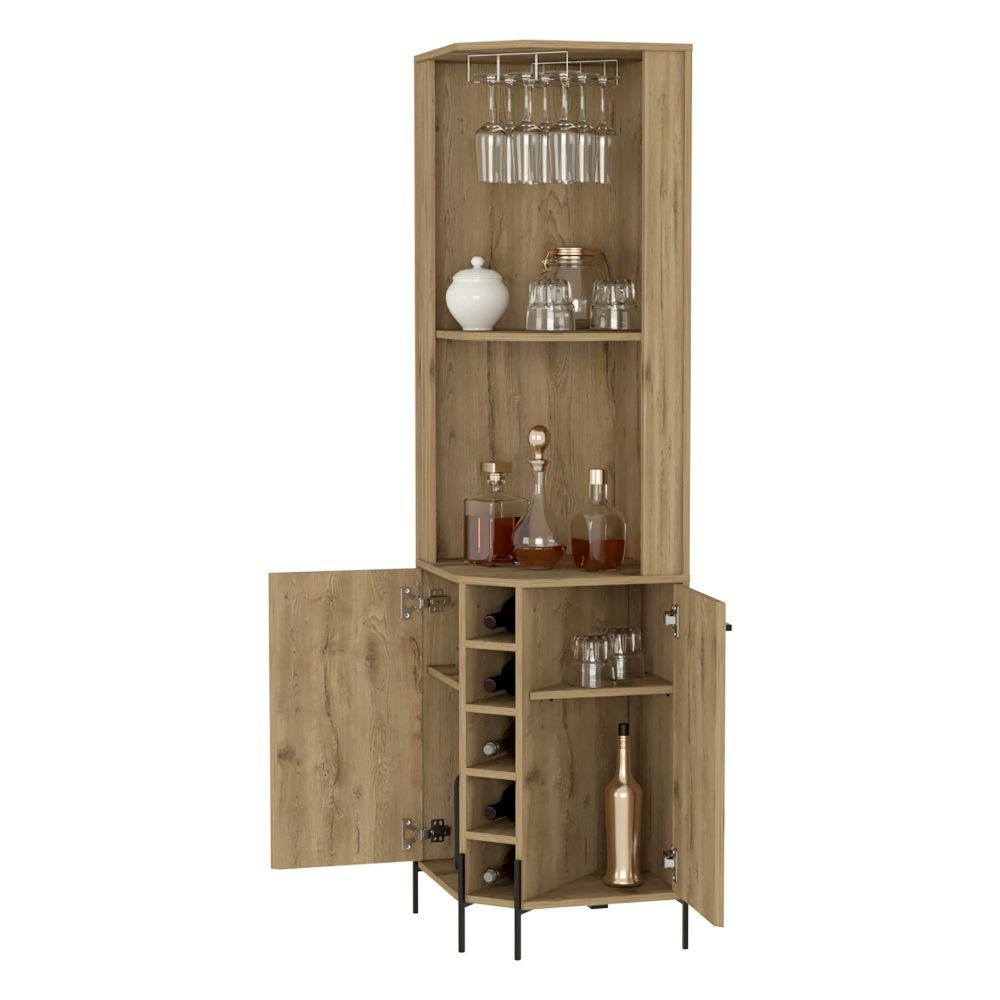 Shopron Corner Bar Cabinet in aged oak finish with two shelves and five wine cubbies, perfect for home bar storage.