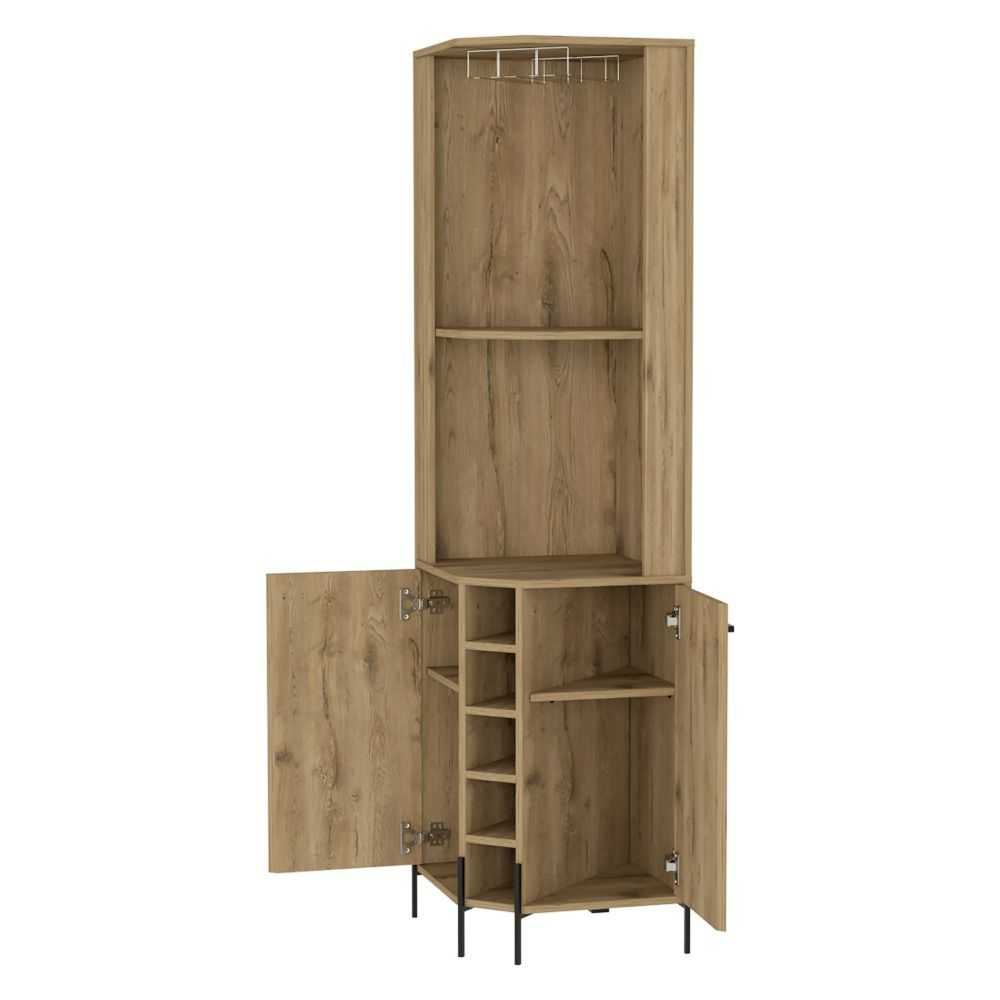 Shopron Corner Bar Cabinet in aged oak finish with two shelves and five wine cubbies, perfect for home bar storage.