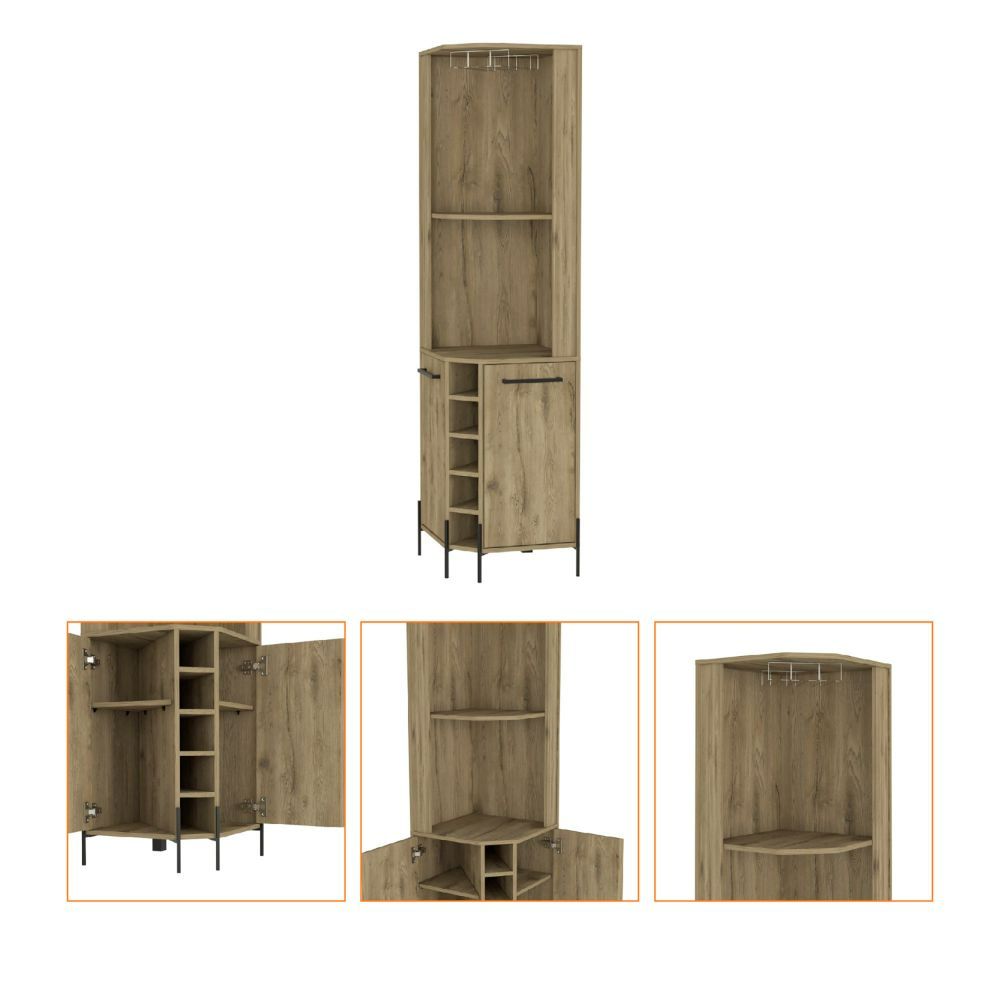 Shopron Corner Bar Cabinet in aged oak finish with two shelves and five wine cubbies, perfect for home bar storage.