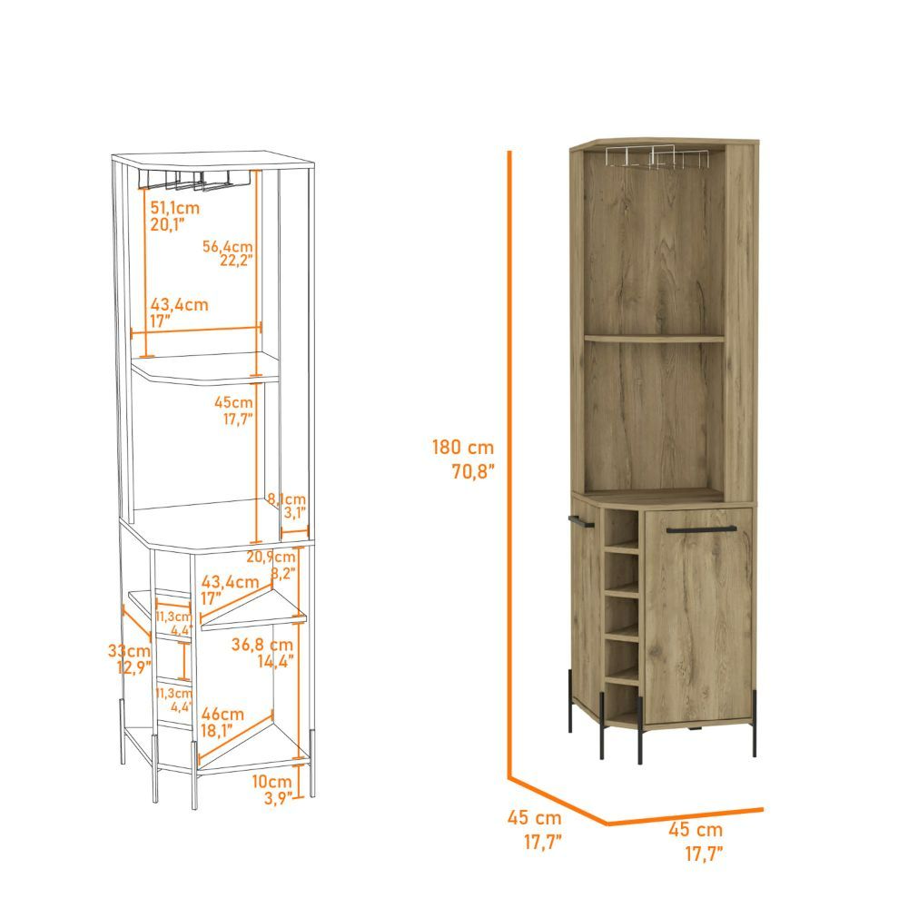 Shopron Corner Bar Cabinet in aged oak finish with two shelves and five wine cubbies, perfect for home bar storage.