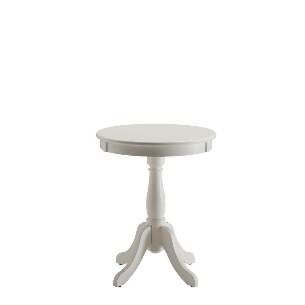 Cottage White Wood Pedestal Side Table with spindle pedestal design, round tabletop, and white finish, perfect for lamps and books.